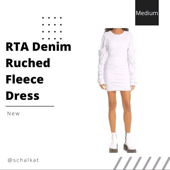 NWT RtA Denim Ruched Cotton Fleece Dress Built in Bra/Cups Long Sleeve Crew Neck - Picture 1 of 11